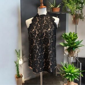 EE:SOME  VISION Women’s Lace HiNeck RoundHem Tank Top Fully Lined. Size Medium